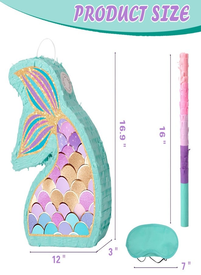 بيناتا ذيل حورية البحر - بيناتا حورية البحر مع عصابة للعينين ومضرب زينة لحفلات أعياد ميلاد البنات والأطفال ذات الطابع البحري (حجم صغير 17 بوصة × 12 بوصة × 3 بوصة) - Image 3